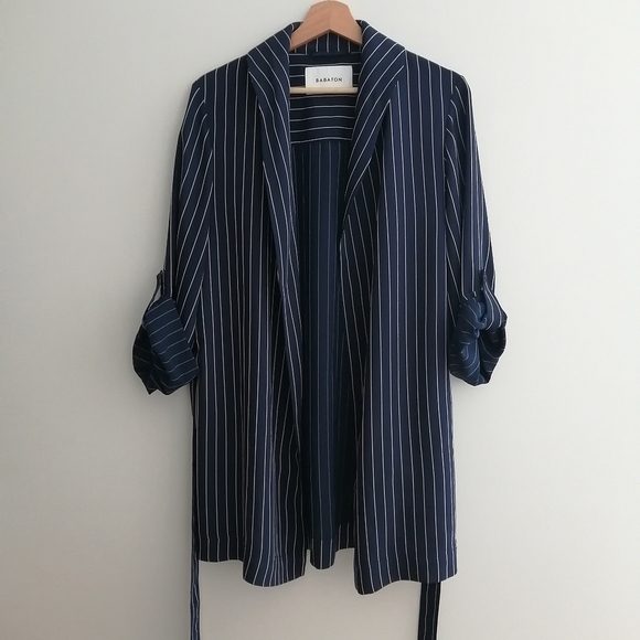 Aritzia Babaton Kahlo Mid Length Blazer Robe Blue Stripe Crepe Fabric Medium - Picture 6 of 17